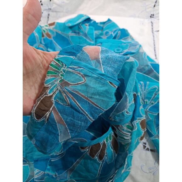 Shacket Shirt Blue Black Burnout Women's Size M L Floral 3/4 Sleeve Semi-sheer - Picture 11 of 12